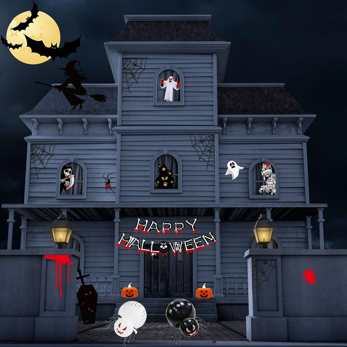 77 PCS Halloween Party Decorations Set - Halloween Balloons Fluorescent Stickers Halloween Ghost Hanging Decoration Halloween Window Clings Suitable for Outdoor and Indoor Halloween Decorations.