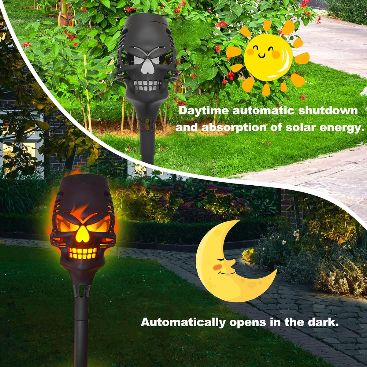4 Pack Solar Halloween Lights Outdoor,Skull Light,Solar Torch Light with Flickering Flame,Waterproof LED Flame Lights,For Halloween Decor Patio Yard Path,Outdoor Landscape Lighting and Et Cetera.