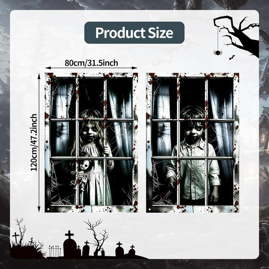 2 Pack Halloween Window Curtain Cover – Scary Creepy Kids Window Poster 47 × 31.5 Inches Haunted House Window Decorations for Halloween Party Indoor Outdoor Wall Door Décor