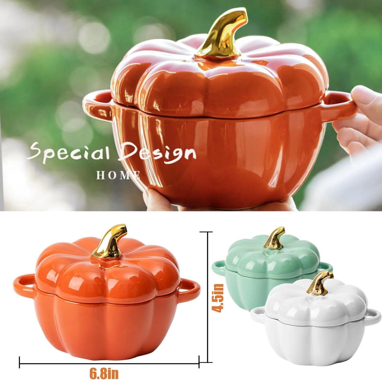 Cute Bowl, Pumpkin Ceramic Bowl with Lid, Microwave & Dishwasher Safe Dessert or Soup Bowl with Handle, Decor Dinnerware for Thanksgiving Halloween Christmas
