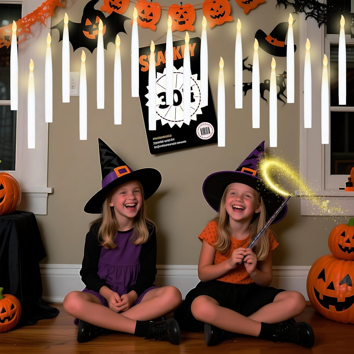20Pcs Halloween Floating Candles with Wand Remote Flickering Warm Light Taper Magic Hanging Candles with 2 Light Mode and Timer Flameless LED Candle for Halloween Window Decorations Party Gift