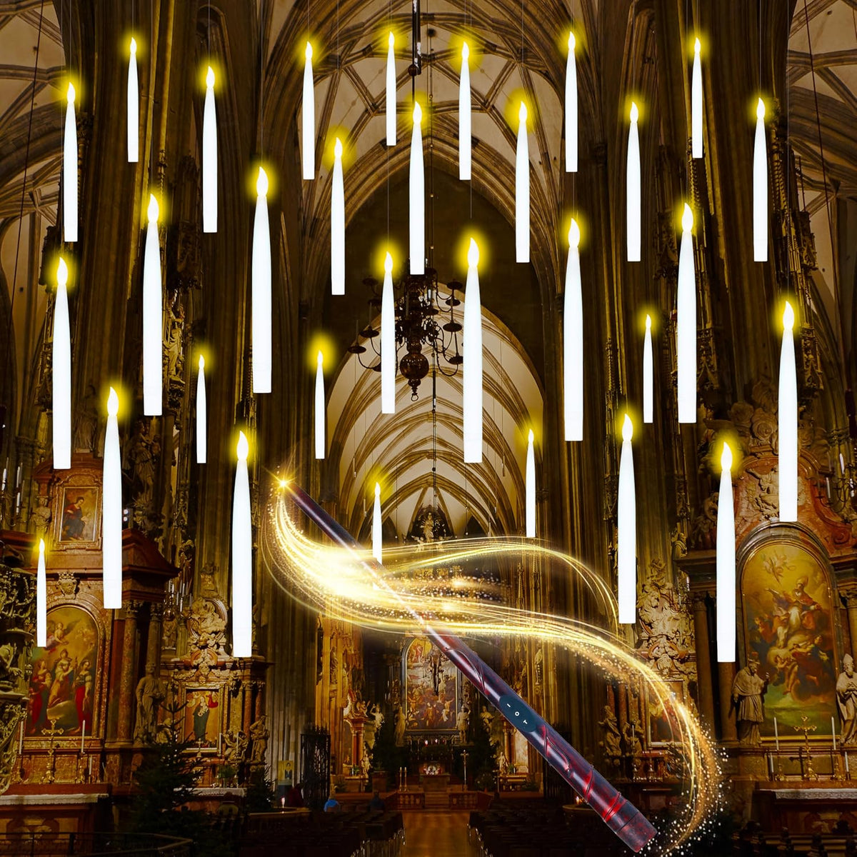 20Pcs Halloween Floating Candles with Wand Remote Flickering Warm Light Taper Magic Hanging Candles with 2 Light Mode and Timer Flameless LED Candle for Halloween Window Decorations Party Gift