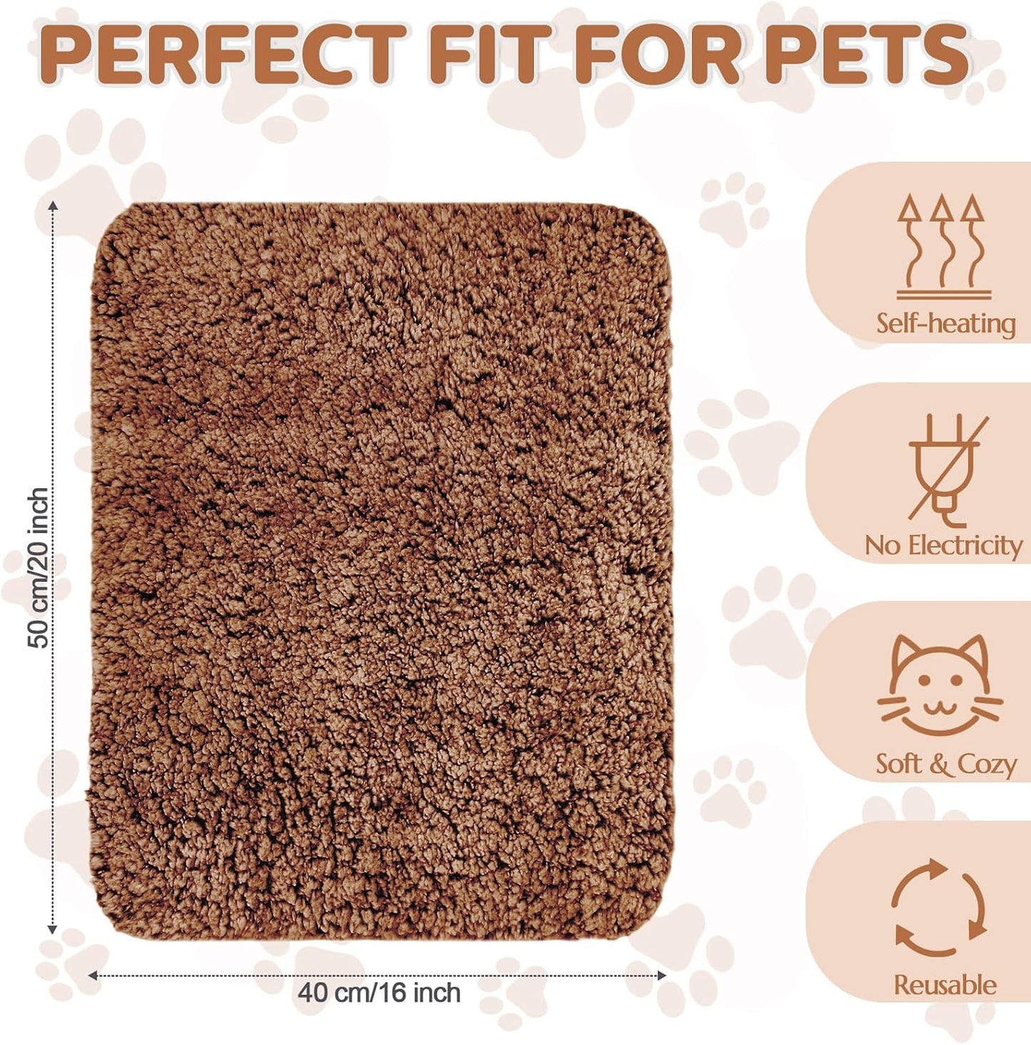 Self-Warming Pet Mat for Cats & Dogs – Washable Thermal Bed Pad, 16" × 20", Brown