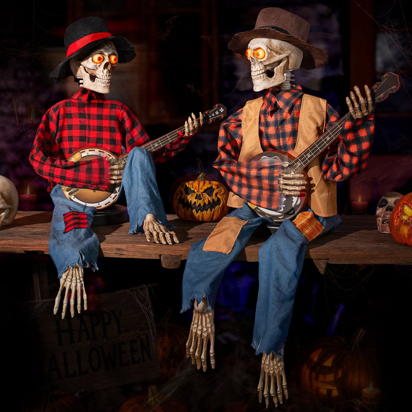Halloween Animatronics Banjo Skeletons Duo Decorations, Animated Skull with Sound Activated Funny Voice Light up Eyes, Playing Musical Plug-In Powered Halloween Prop Decor for Indoor Outdoor Yard Law