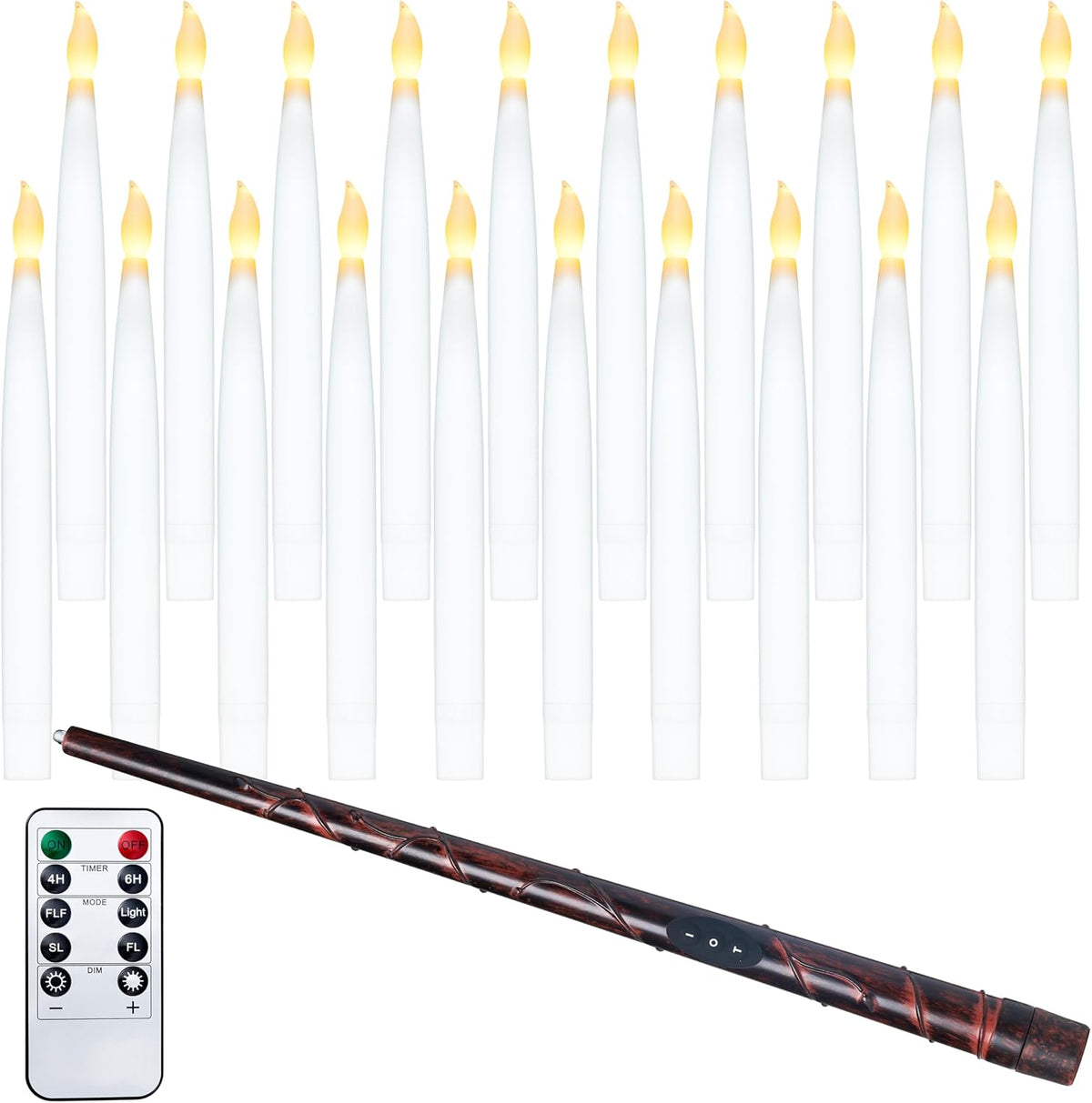 20Pcs Halloween Floating Candles with Wand Remote Flickering Warm Light Taper Magic Hanging Candles with 2 Light Mode and Timer Flameless LED Candle for Halloween Window Decorations Party Gift
