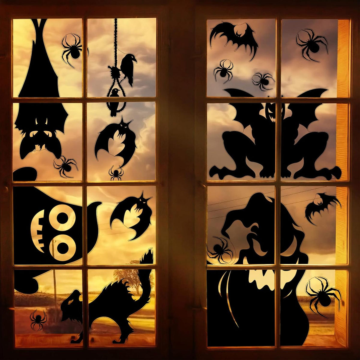 Halloween Window Cling Sticker,Giant Spooky Monster Silhouette Window Decals for Haunted House Halloween Home Decoration,4 Sheets
