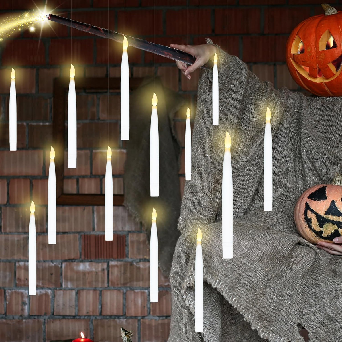 20Pcs Halloween Floating Candles with Wand Remote Flickering Warm Light Taper Magic Hanging Candles with 2 Light Mode and Timer Flameless LED Candle for Halloween Window Decorations Party Gift