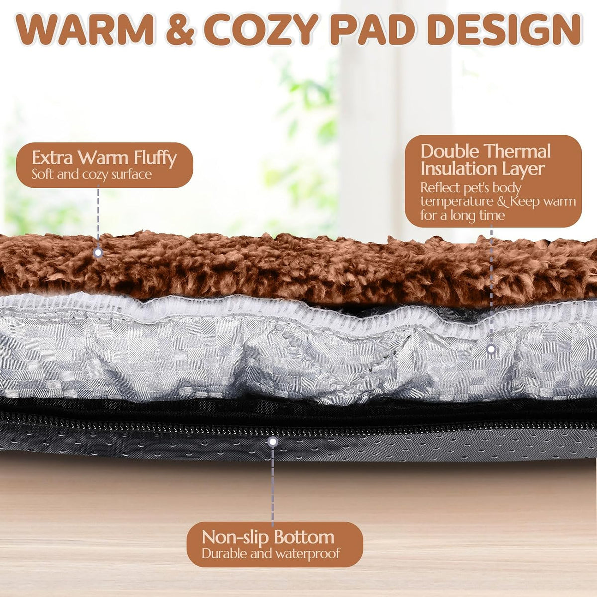 Self-Warming Pet Mat for Cats & Dogs – Washable Thermal Bed Pad, 16" × 20", Brown
