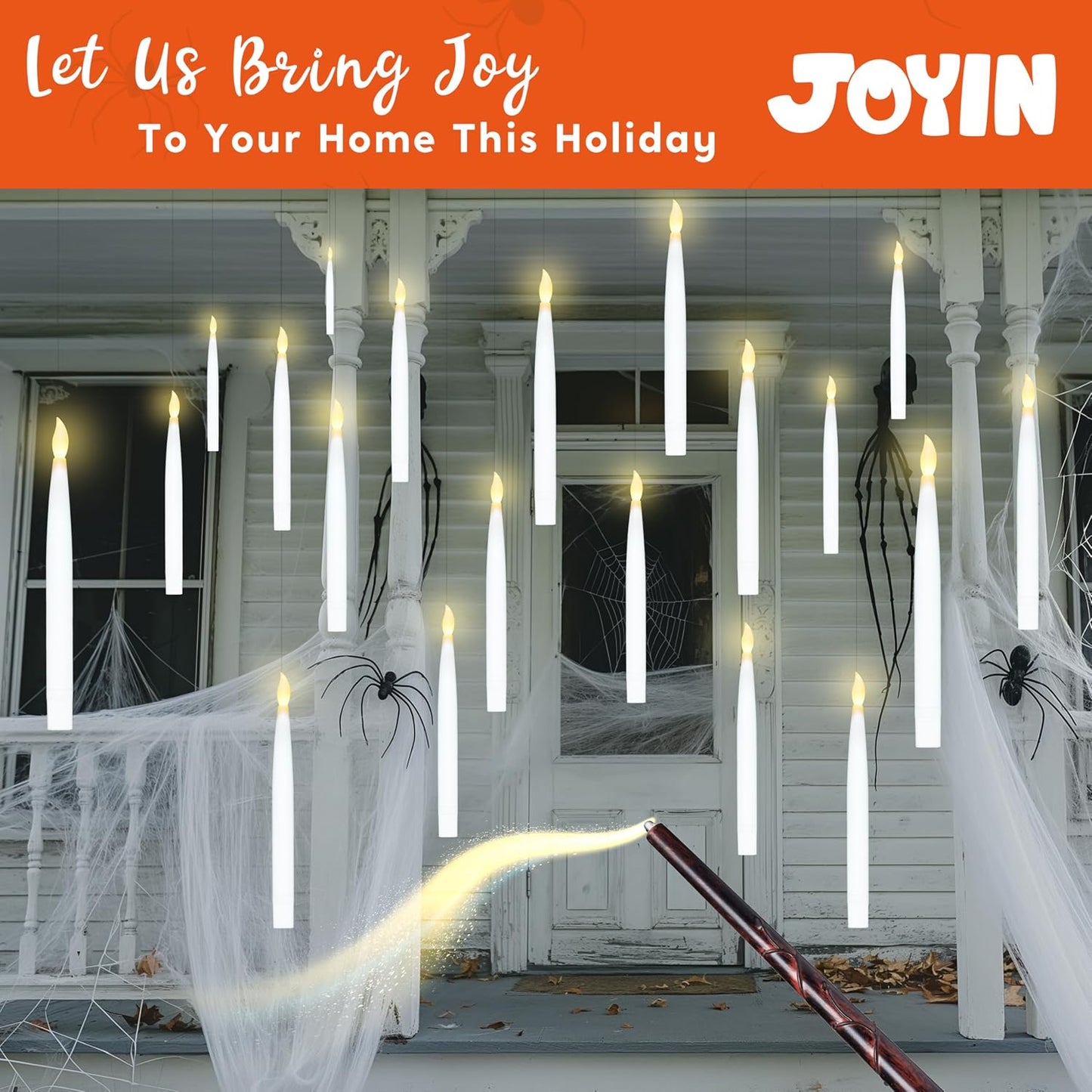 20Pcs Halloween Floating Candles with Wand Remote Flickering Warm Light Taper Magic Hanging Candles with 2 Light Mode and Timer Flameless LED Candle for Halloween Window Decorations Party Gift