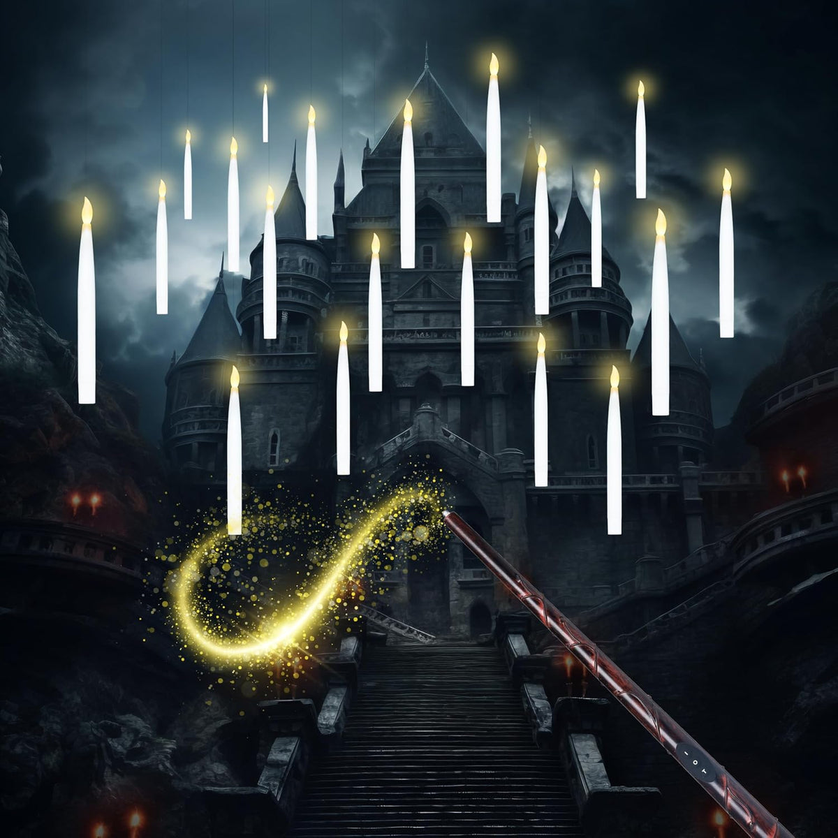 20Pcs Halloween Floating Candles with Wand Remote Flickering Warm Light Taper Magic Hanging Candles with 2 Light Mode and Timer Flameless LED Candle for Halloween Window Decorations Party Gift