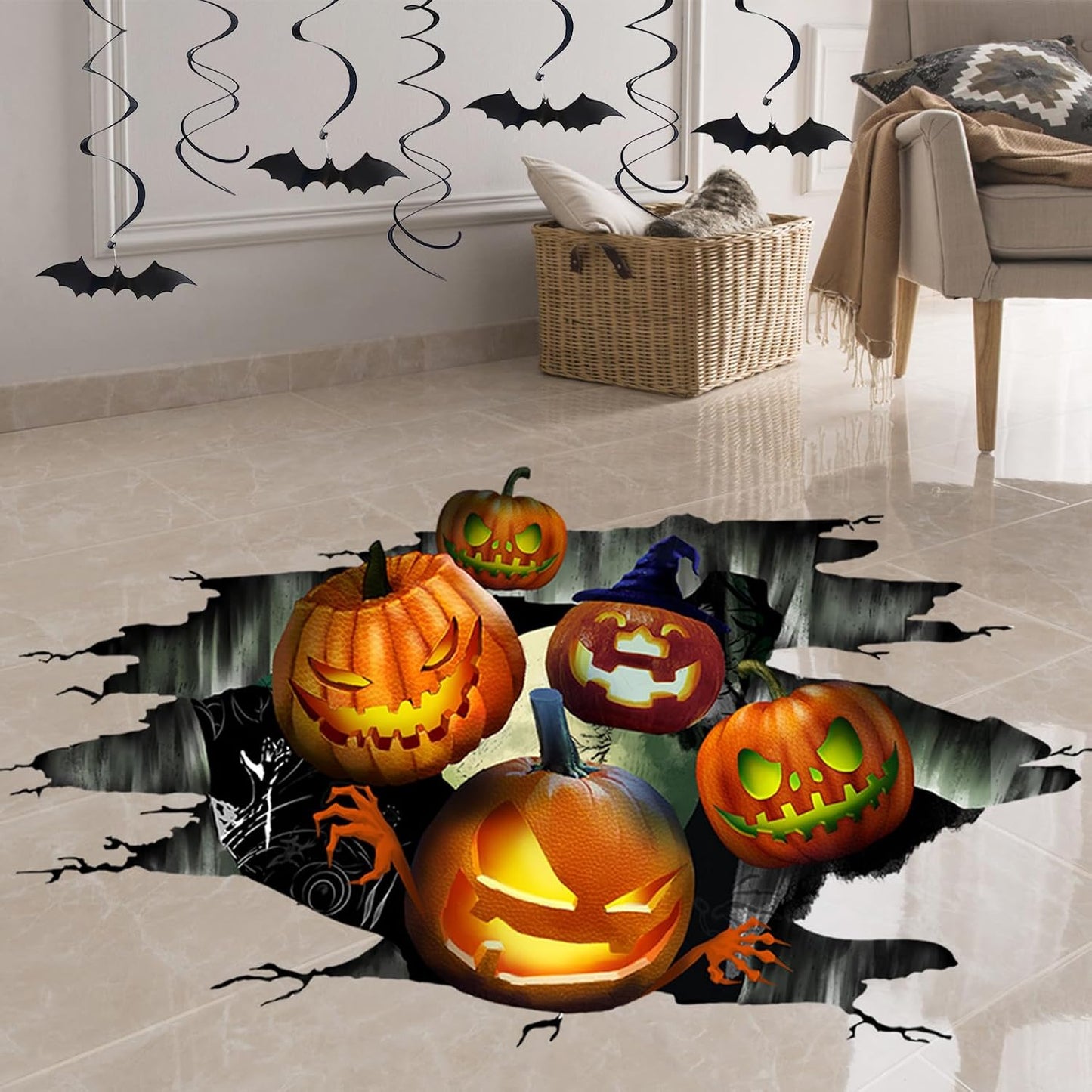 Halloween Floor Stickers, 3D Halloween Floor Decoration, Halloween Wall Window Decals Removable, Halloween Pumpkin Decoration Stickers, Halloween Scary Stickers for Home Office Party Decors