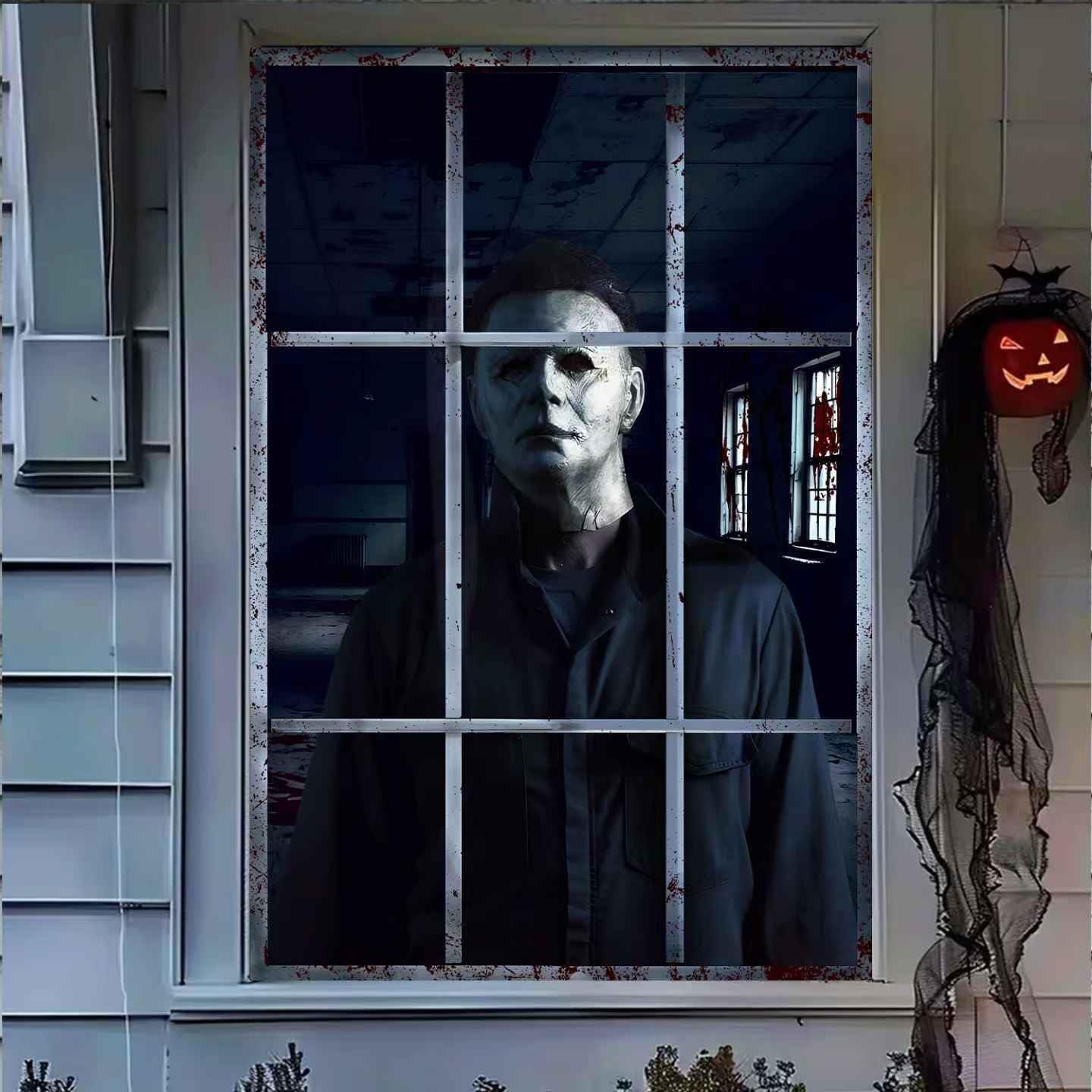 Halloween Window Decorations Scary Window Cover Horror Haunted House Decoration Halloween Theme Curtain for Indoor Outdoor Party Wall Door Decor