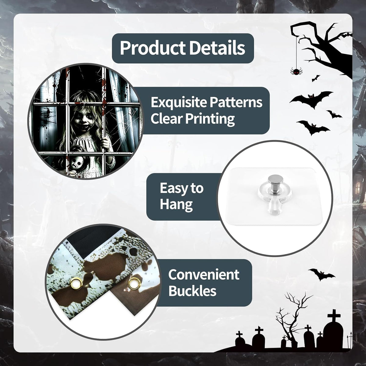 2 Pack Halloween Window Curtain Cover – Scary Creepy Kids Window Poster 47 × 31.5 Inches Haunted House Window Decorations for Halloween Party Indoor Outdoor Wall Door Décor