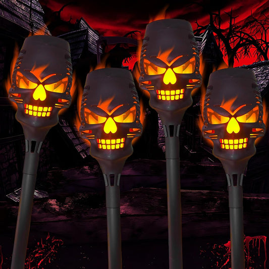 4 Pack Solar Halloween Lights Outdoor,Skull Light,Solar Torch Light with Flickering Flame,Waterproof LED Flame Lights,For Halloween Decor Patio Yard Path,Outdoor Landscape Lighting and Et Cetera.