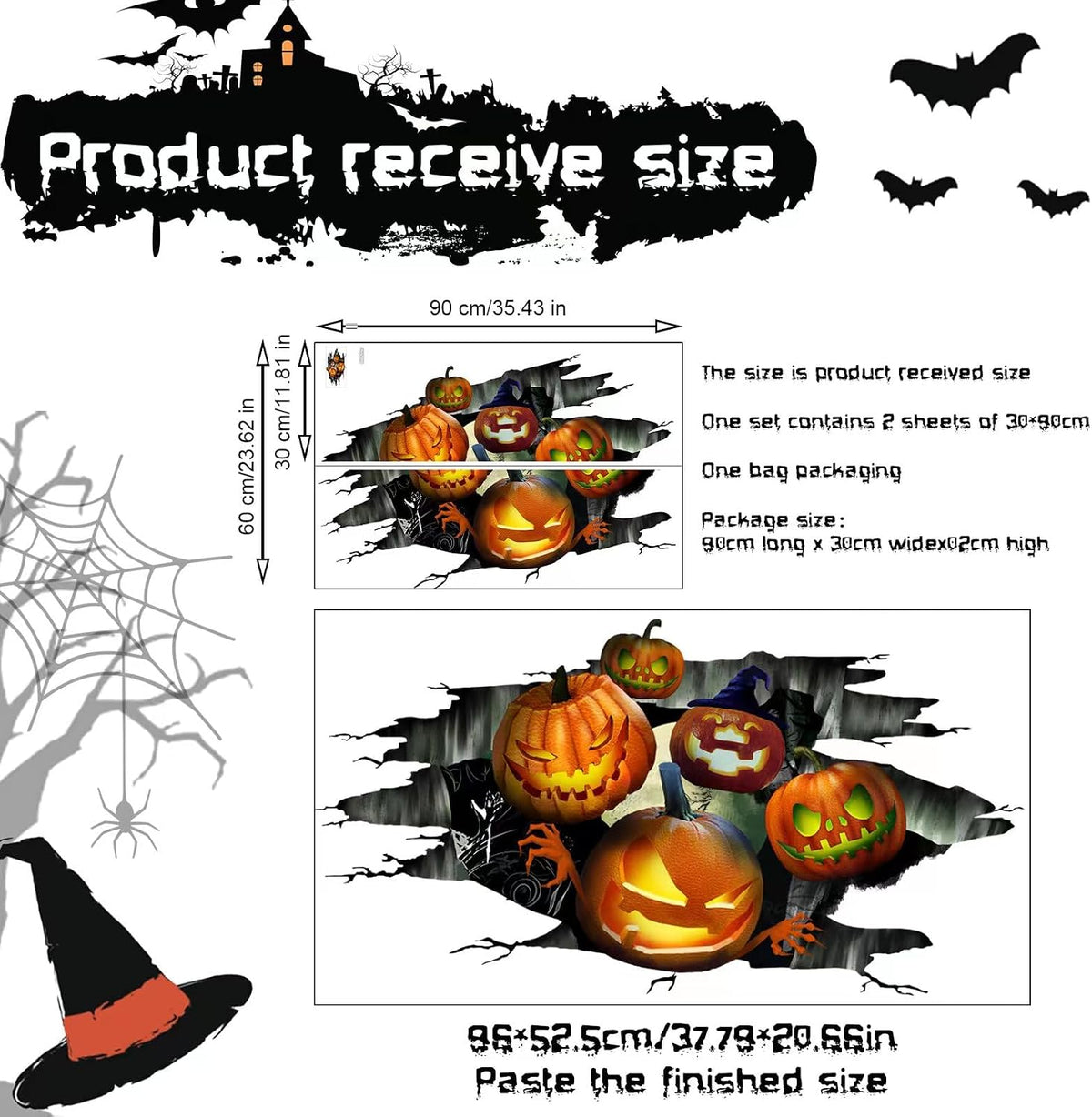 Halloween Floor Stickers, 3D Halloween Floor Decoration, Halloween Wall Window Decals Removable, Halloween Pumpkin Decoration Stickers, Halloween Scary Stickers for Home Office Party Decors