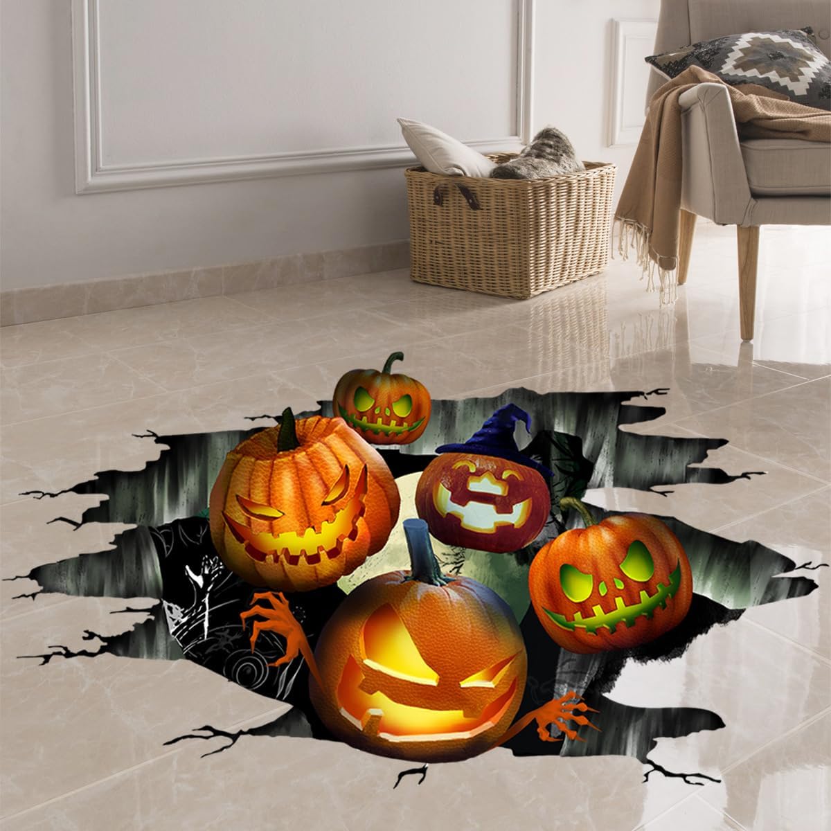 Halloween Floor Stickers, 3D Halloween Floor Decoration, Halloween Wall Window Decals Removable, Halloween Pumpkin Decoration Stickers, Halloween Scary Stickers for Home Office Party Decors