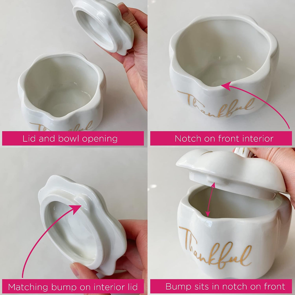 Thankful White Ceramic Pumpkin Bowl with Lid – Fall Candy Dish & Decor