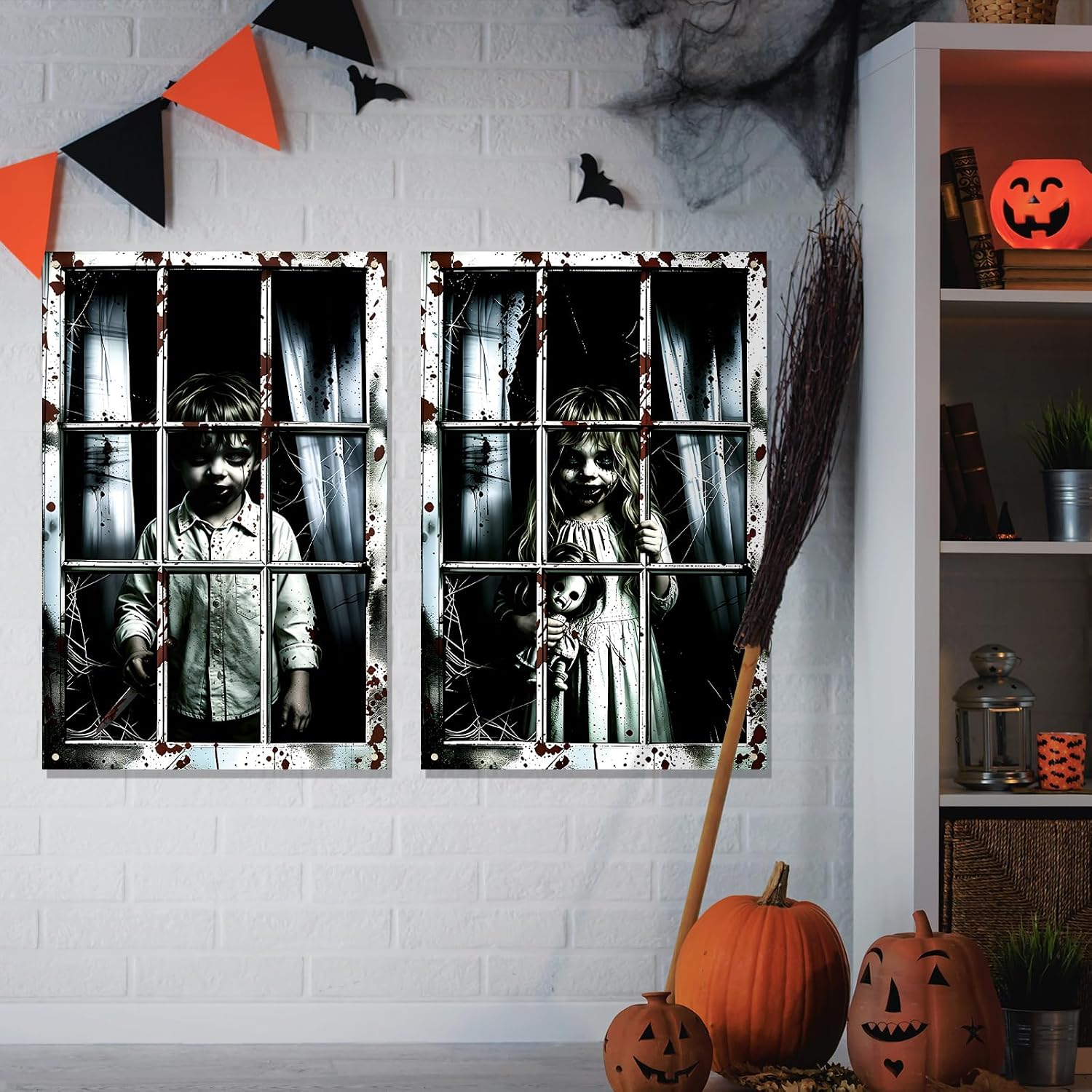 2 Pack Halloween Window Curtain Cover – Scary Creepy Kids Window Poster 47 × 31.5 Inches Haunted House Window Decorations for Halloween Party Indoor Outdoor Wall Door Décor