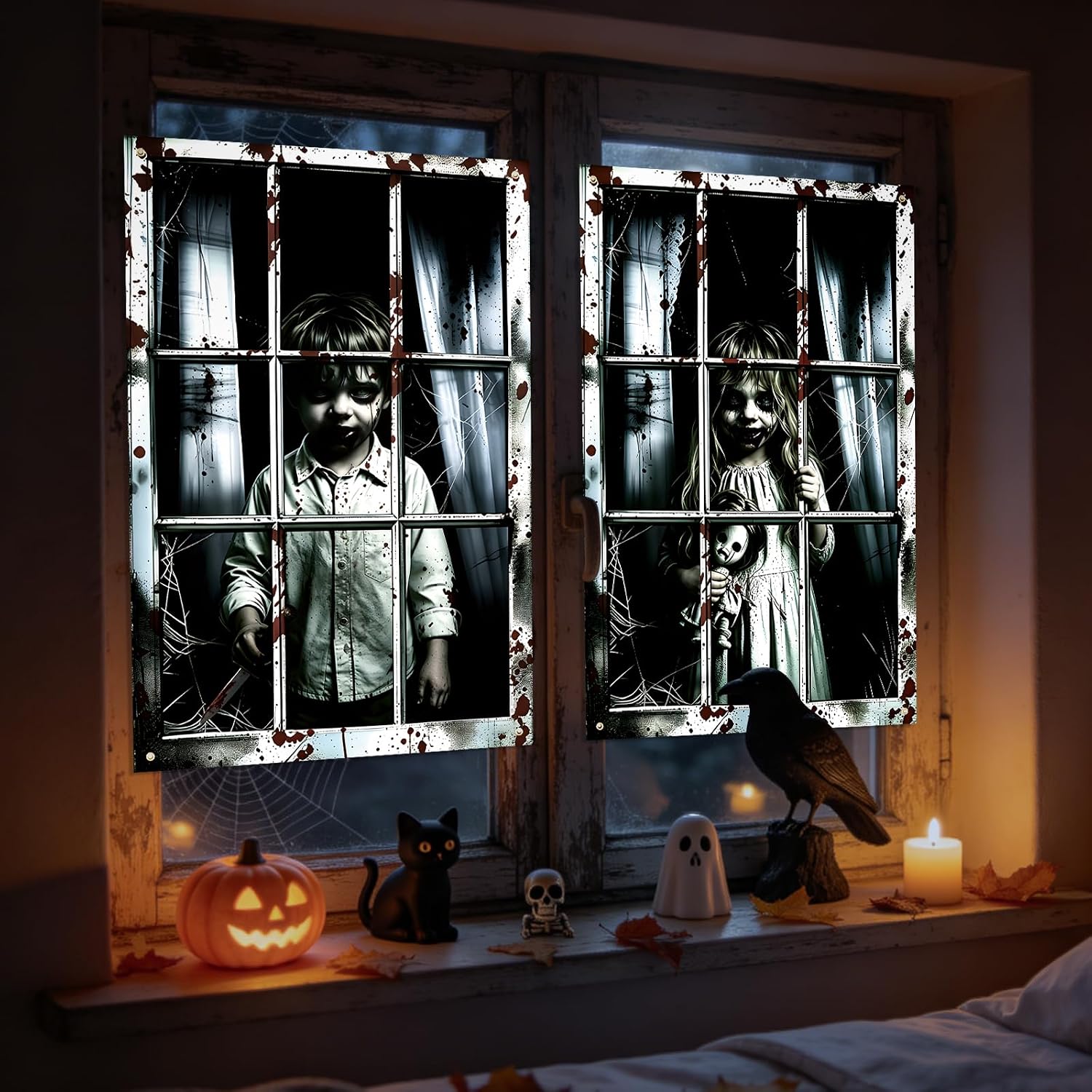 2 Pack Halloween Window Curtain Cover – Scary Creepy Kids Window Poster 47 × 31.5 Inches Haunted House Window Decorations for Halloween Party Indoor Outdoor Wall Door Décor