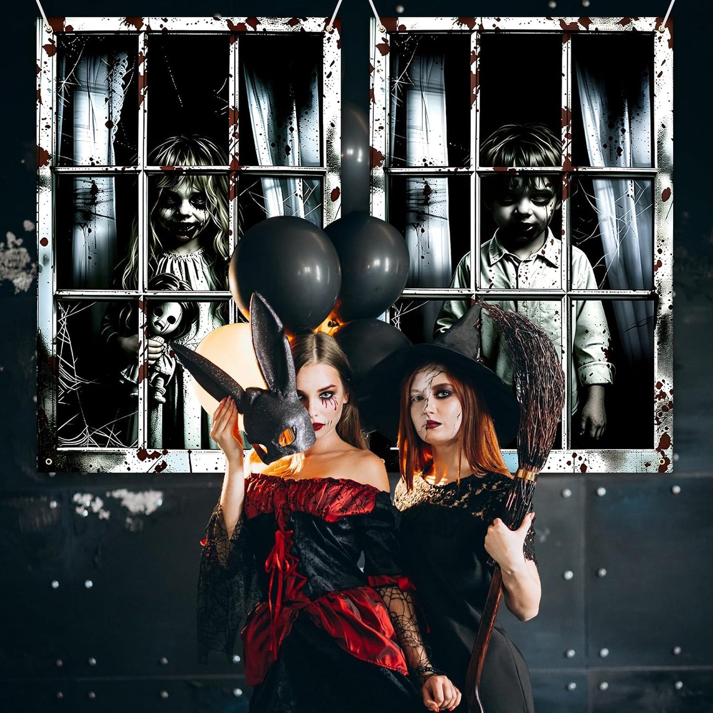 2 Pack Halloween Window Curtain Cover – Scary Creepy Kids Window Poster 47 × 31.5 Inches Haunted House Window Decorations for Halloween Party Indoor Outdoor Wall Door Décor