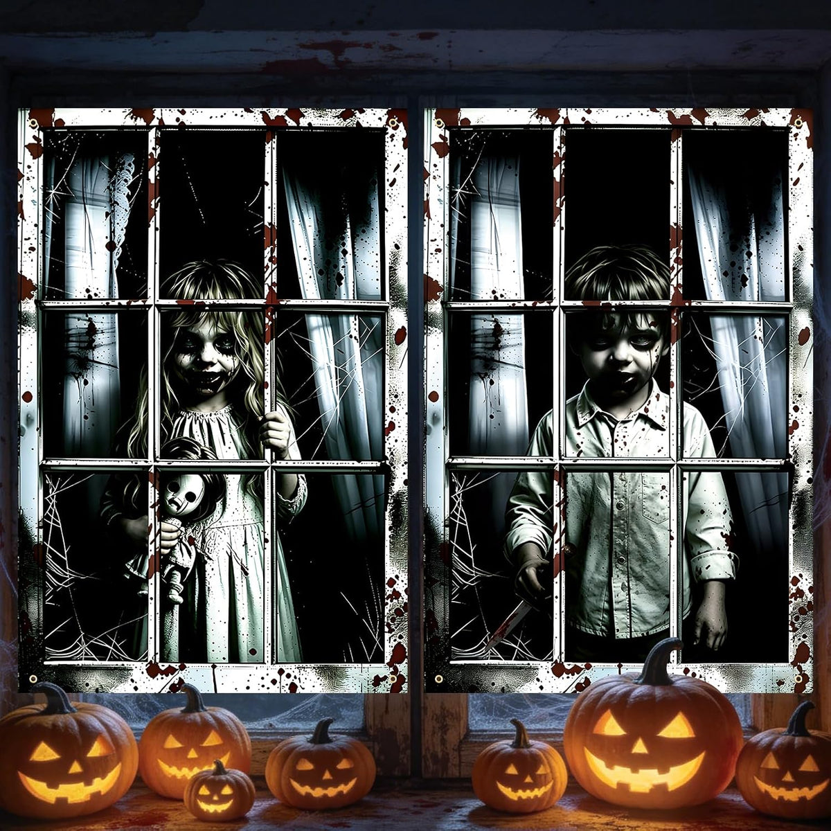 2 Pack Halloween Window Curtain Cover – Scary Creepy Kids Window Poster 47 × 31.5 Inches Haunted House Window Decorations for Halloween Party Indoor Outdoor Wall Door Décor