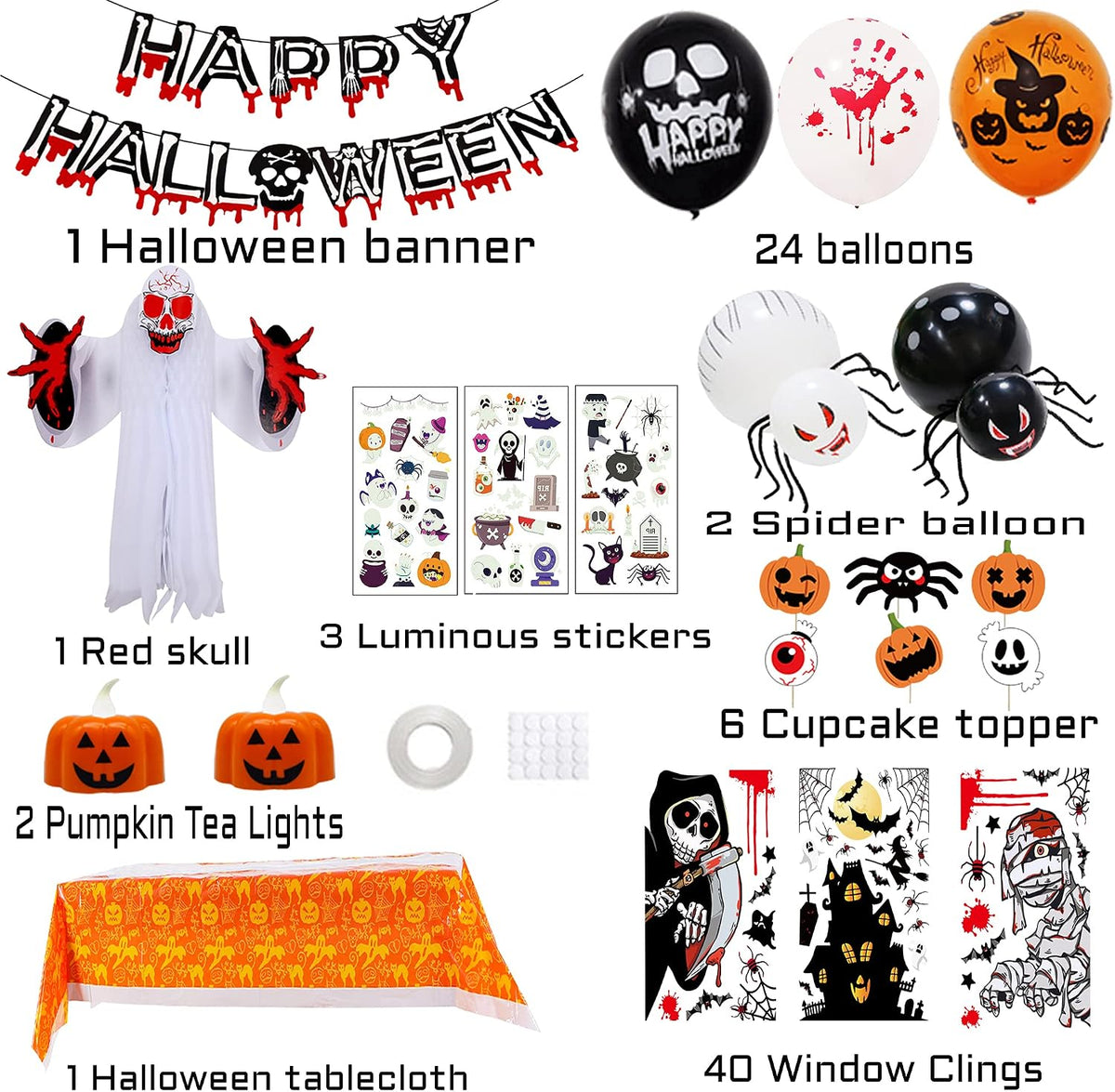 77 PCS Halloween Party Decorations Set - Halloween Balloons Fluorescent Stickers Halloween Ghost Hanging Decoration Halloween Window Clings Suitable for Outdoor and Indoor Halloween Decorations.