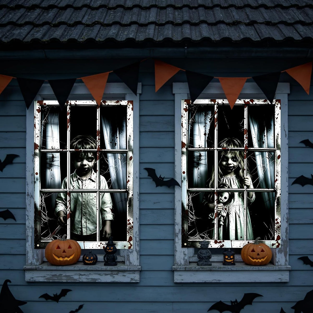 2 Pack Halloween Window Curtain Cover – Scary Creepy Kids Window Poster 47 × 31.5 Inches Haunted House Window Decorations for Halloween Party Indoor Outdoor Wall Door Décor
