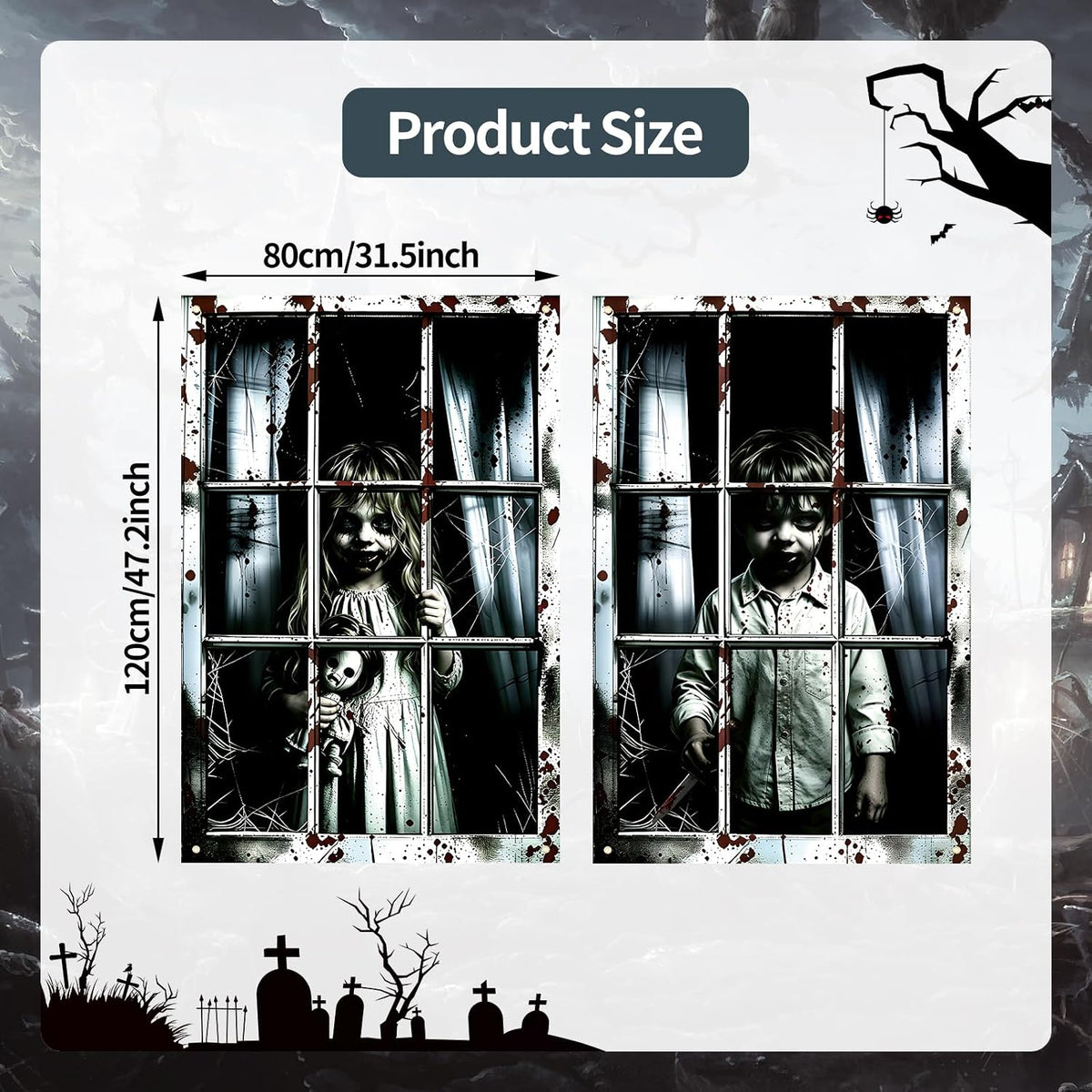 2 Pack Halloween Window Curtain Cover – Scary Creepy Kids Window Poster 47 × 31.5 Inches Haunted House Window Decorations for Halloween Party Indoor Outdoor Wall Door Décor