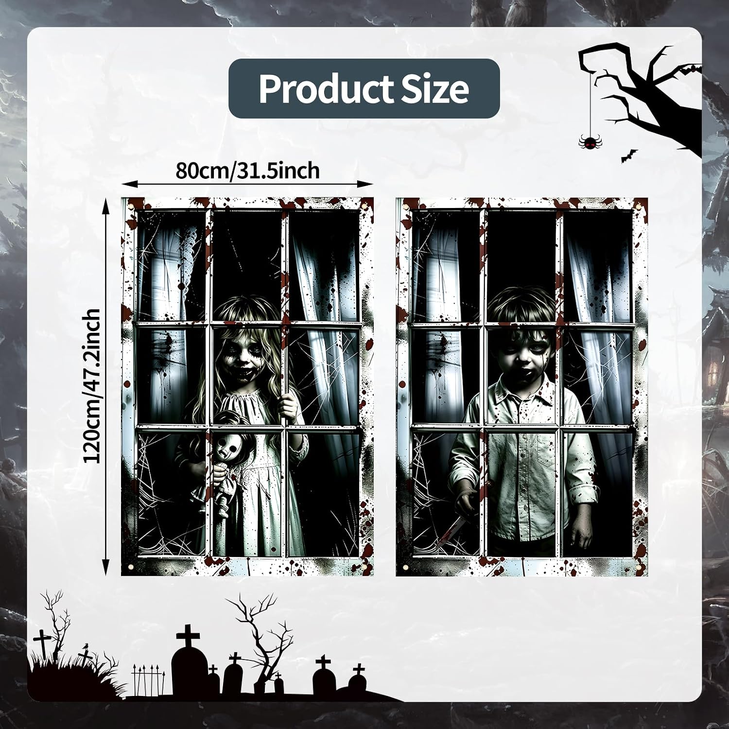 2 Pack Halloween Window Curtain Cover – Scary Creepy Kids Window Poster 47 × 31.5 Inches Haunted House Window Decorations for Halloween Party Indoor Outdoor Wall Door Décor