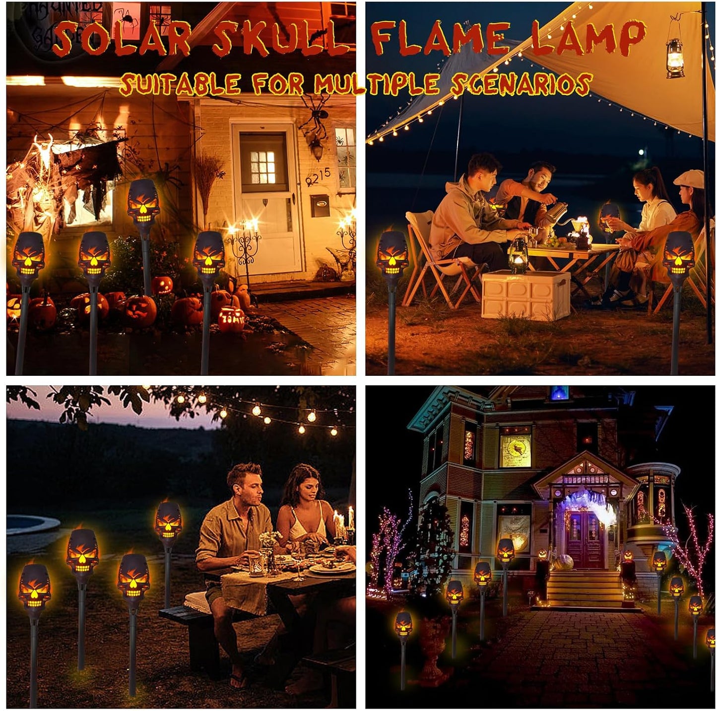 4 Pack Solar Halloween Lights Outdoor,Skull Light,Solar Torch Light with Flickering Flame,Waterproof LED Flame Lights,For Halloween Decor Patio Yard Path,Outdoor Landscape Lighting and Et Cetera.