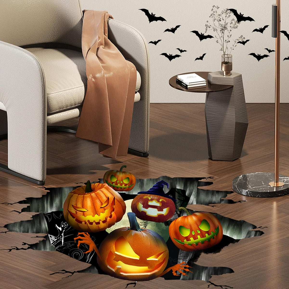 Halloween Floor Stickers, 3D Halloween Floor Decoration, Halloween Wall Window Decals Removable, Halloween Pumpkin Decoration Stickers, Halloween Scary Stickers for Home Office Party Decors