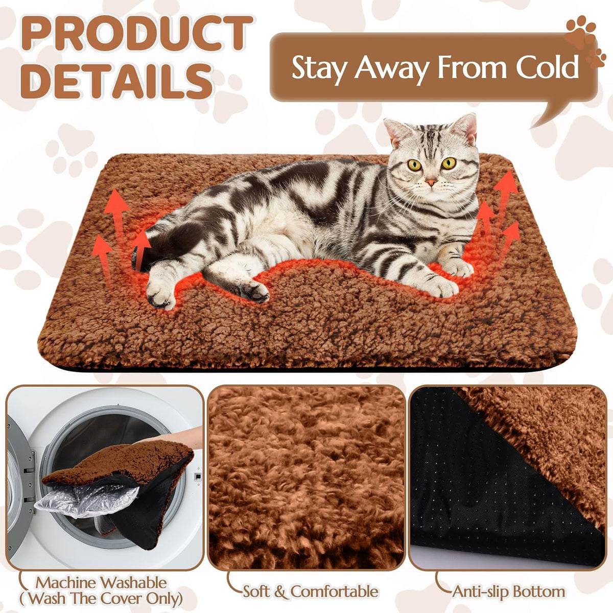 Self-Warming Pet Mat for Cats & Dogs – Washable Thermal Bed Pad, 16" × 20", Brown
