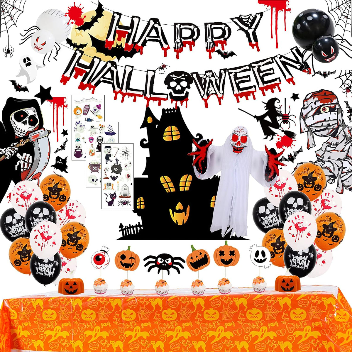 77 PCS Halloween Party Decorations Set - Halloween Balloons Fluorescent Stickers Halloween Ghost Hanging Decoration Halloween Window Clings Suitable for Outdoor and Indoor Halloween Decorations.