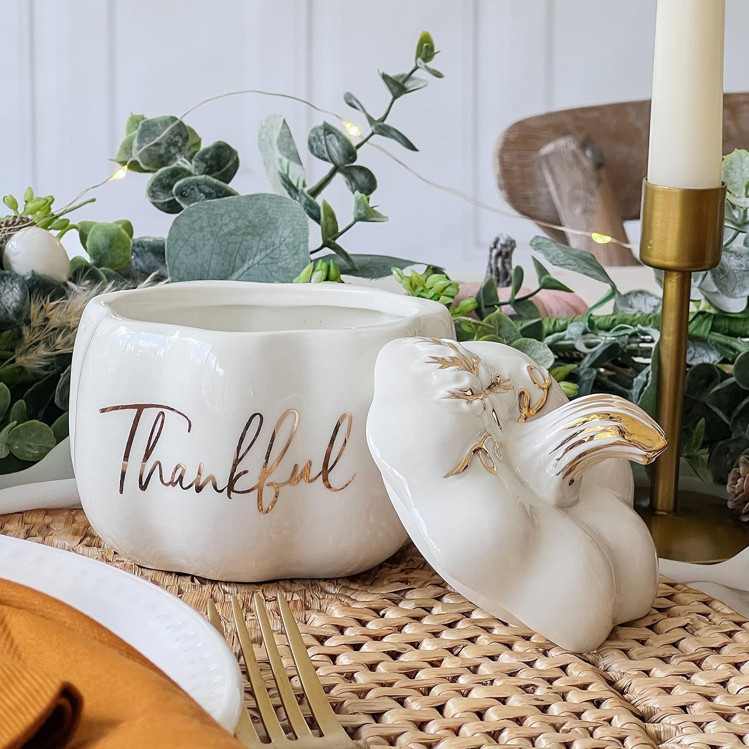 Thankful White Ceramic Pumpkin Bowl with Lid – Fall Candy Dish & Decor