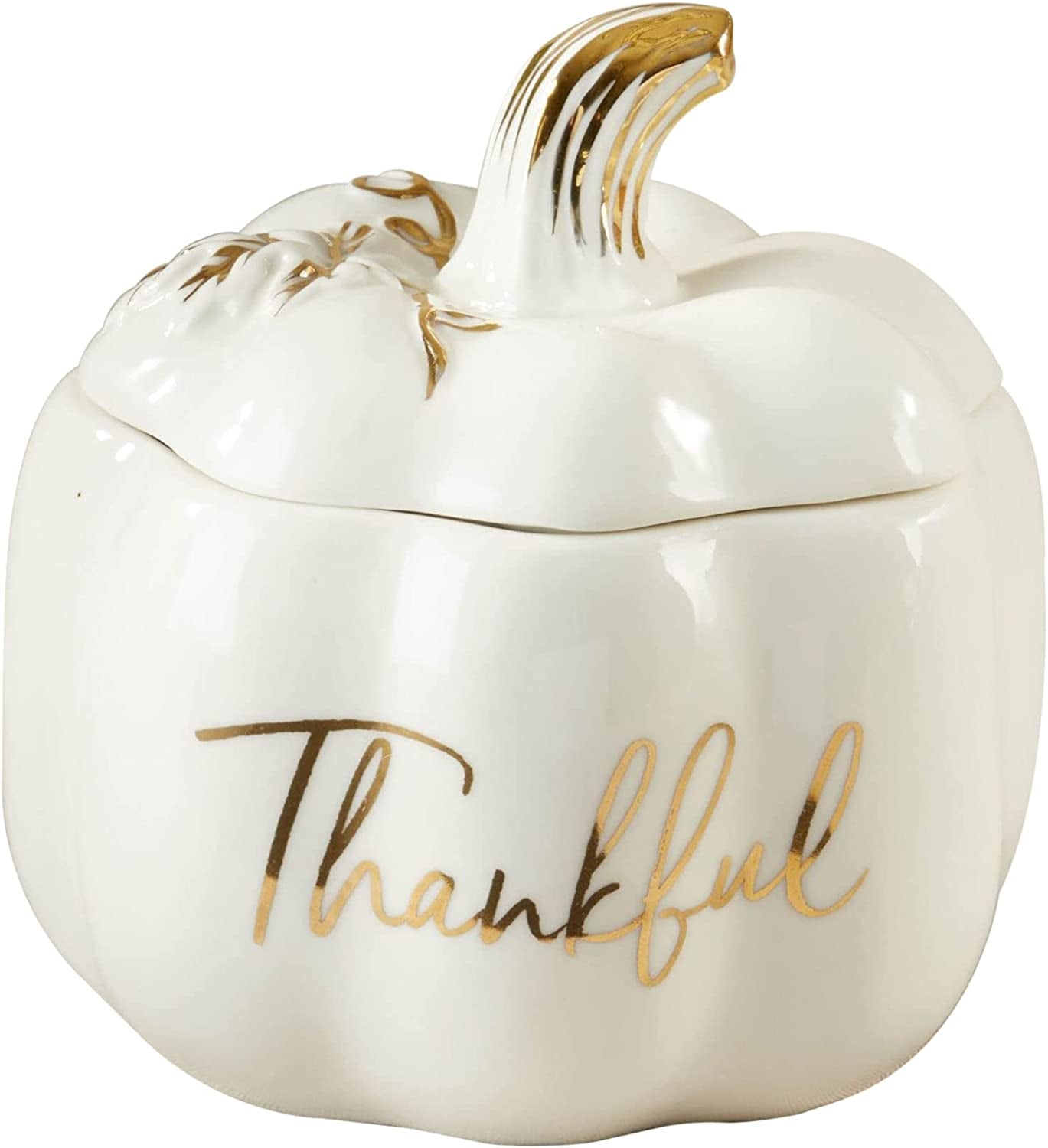 Thankful White Ceramic Pumpkin Bowl with Lid – Fall Candy Dish & Decor
