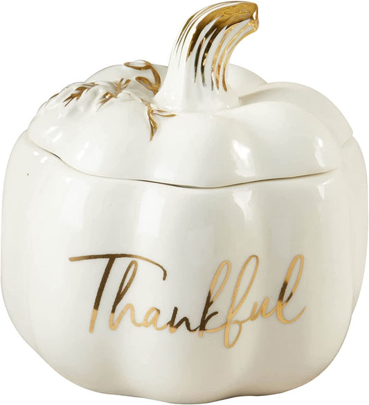 Thankful White Ceramic Pumpkin Bowl with Lid – Fall Candy Dish & Decor