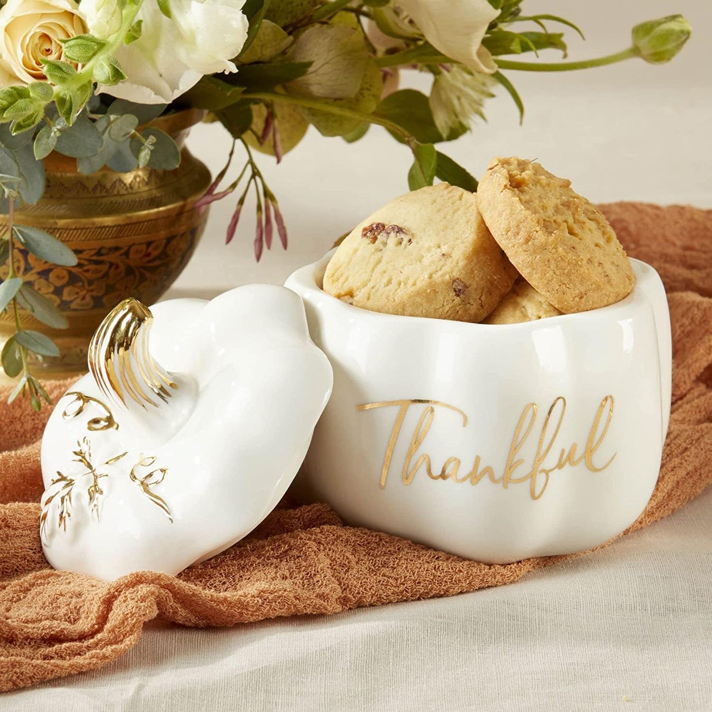 Thankful White Ceramic Pumpkin Bowl with Lid – Fall Candy Dish & Decor