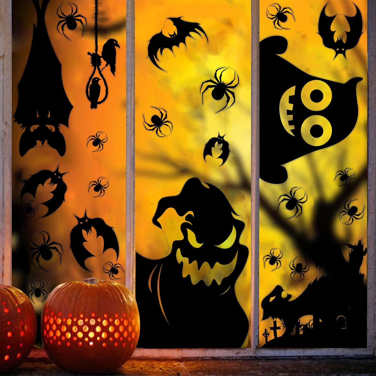 Halloween Window Cling Sticker,Giant Spooky Monster Silhouette Window Decals for Haunted House Halloween Home Decoration,4 Sheets