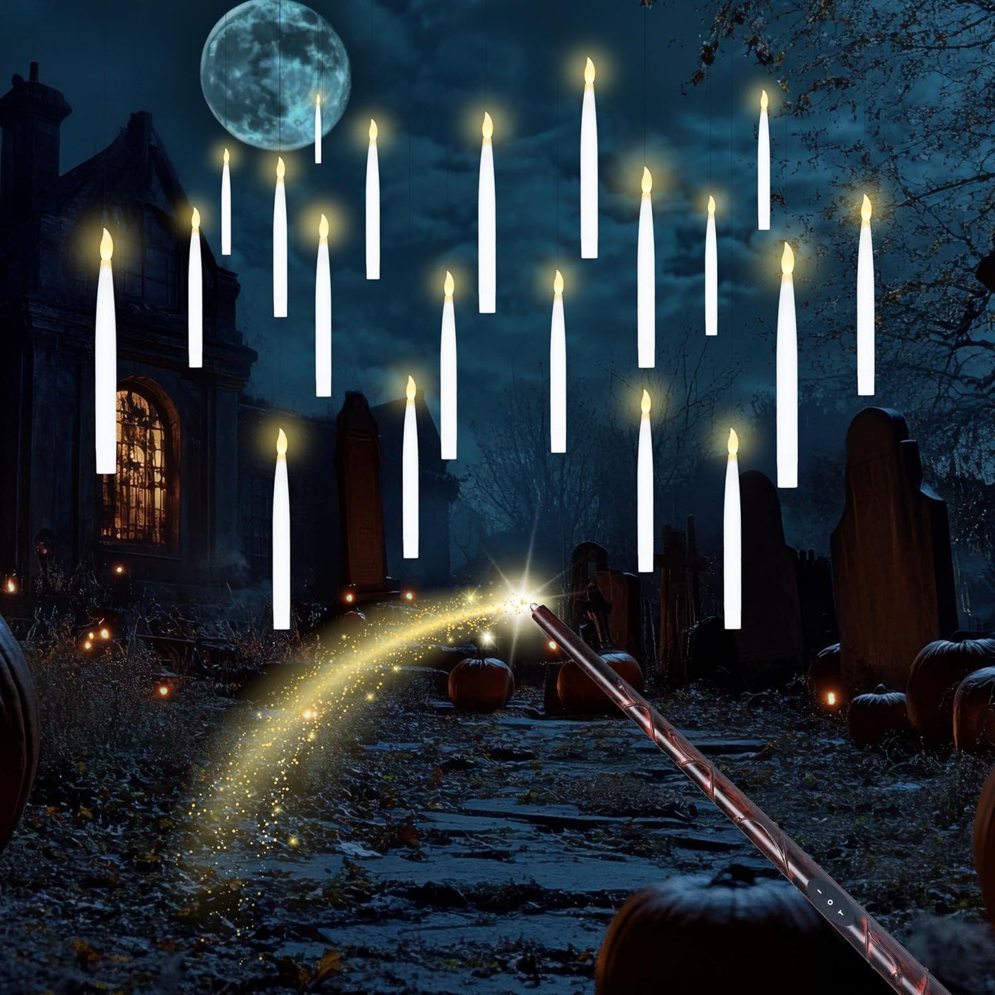20Pcs Halloween Floating Candles with Wand Remote Flickering Warm Light Taper Magic Hanging Candles with 2 Light Mode and Timer Flameless LED Candle for Halloween Window Decorations Party Gift