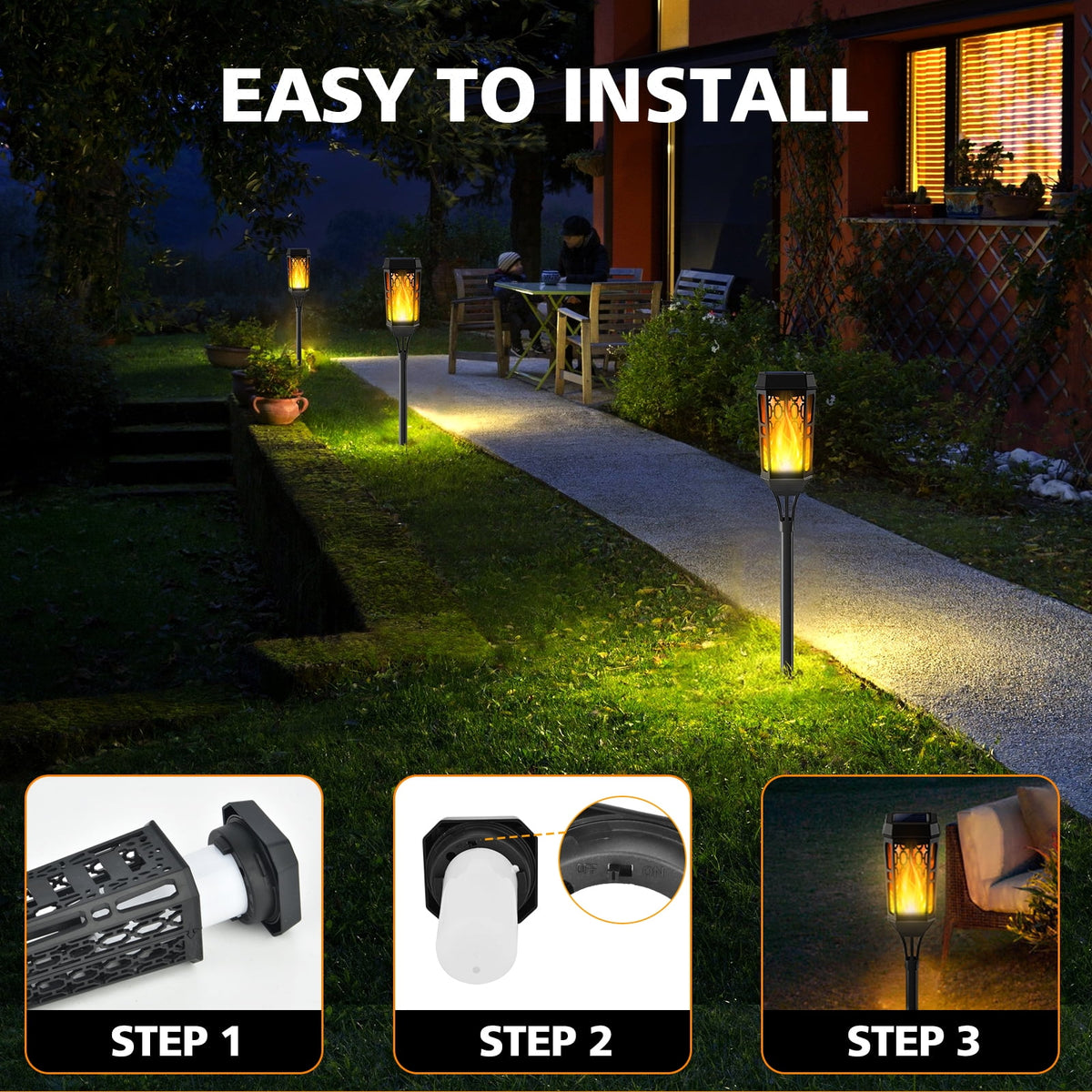 Outdoor Solar Lights, 4 Pack LED Waterproof Solar Garden Lights with Flickering Flame, outside Lighting Decoration for Patio Garden Yard Pathway Landscape
