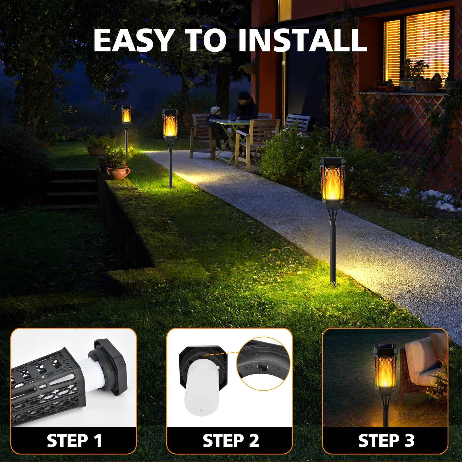 Outdoor Solar Lights, 4 Pack LED Waterproof Solar Garden Lights with Flickering Flame, outside Lighting Decoration for Patio Garden Yard Pathway Landscape