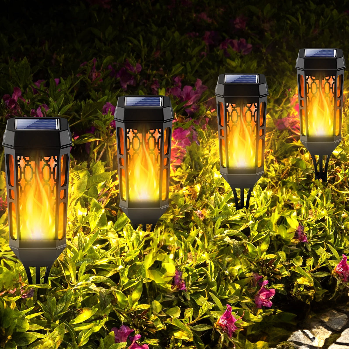 Outdoor Solar Lights, 4 Pack LED Waterproof Solar Garden Lights with Flickering Flame, outside Lighting Decoration for Patio Garden Yard Pathway Landscape