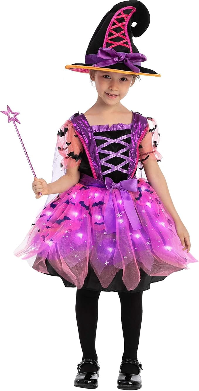 Kids Witch Costume, Girls Light up Witch Costume with Hat and Broom Outfits Set for Toddler Halloween Dress up Cosplay