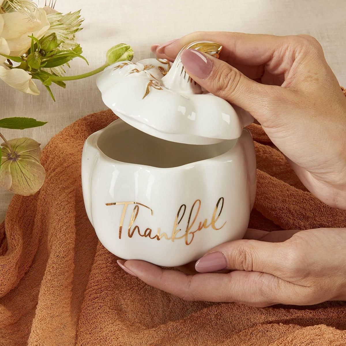 Thankful White Ceramic Pumpkin Bowl with Lid – Fall Candy Dish & Decor