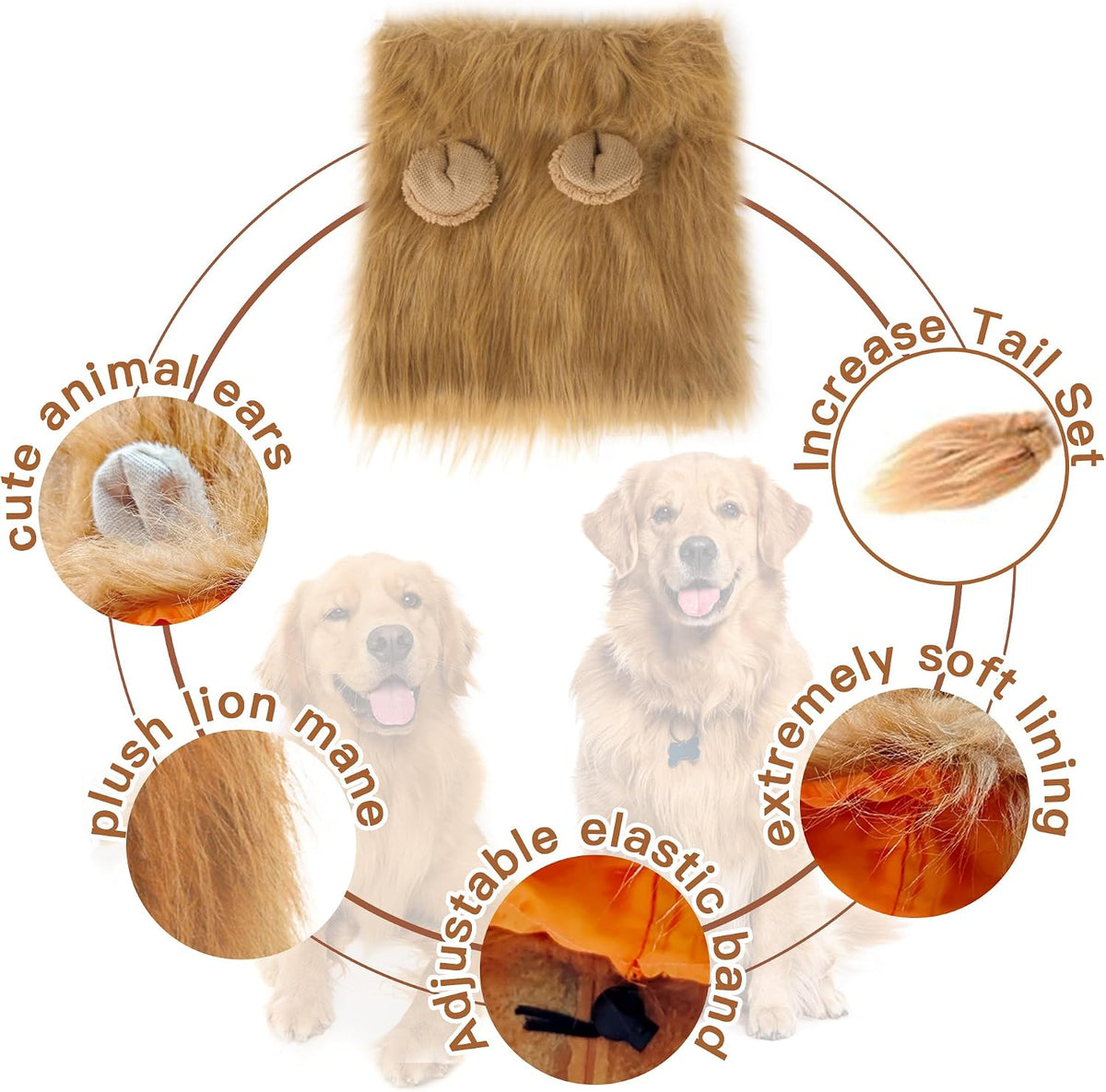 Dog Costume Halloween Dog Costume Lion Mane for Medium and Large Dogs Realistic Lion Wig Dog Costume Supplement Lion Mane for Photoshoot Entertainment (Light Brown) Size L + Tail Set